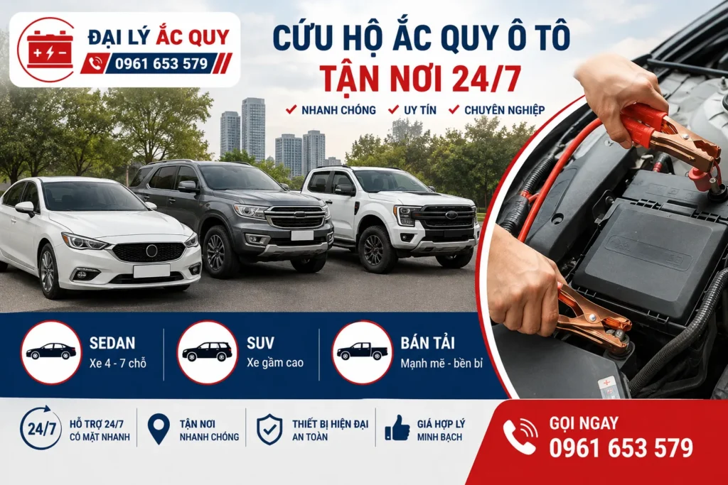 Ắc Quy Hà Nội 247 hỗ trợ kích bình cho nhiều dòng xe phổ thông, xe sang, SUV, bán tải và xe tải nhẹ.
