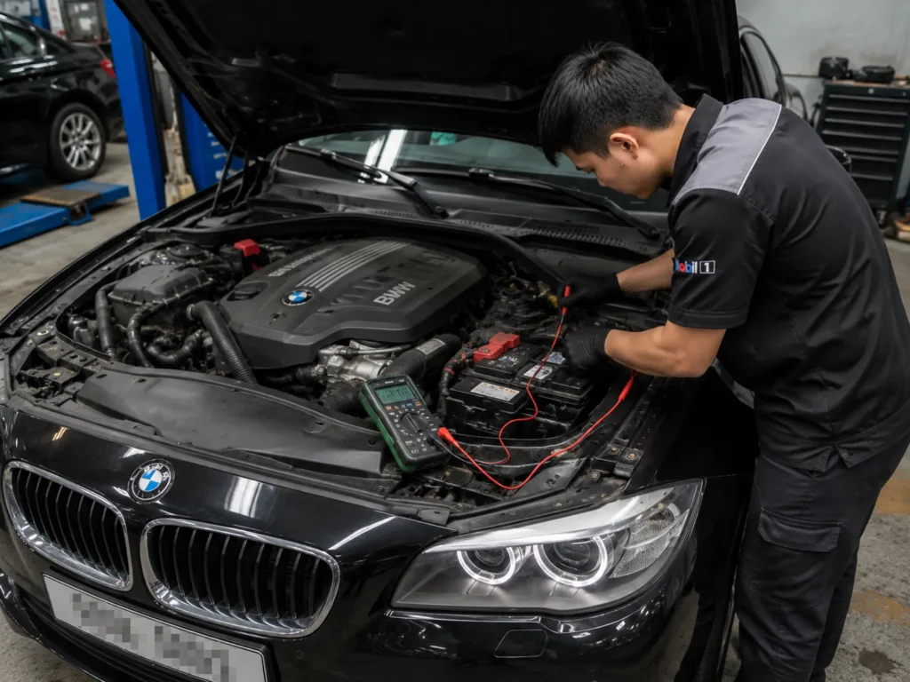 Kiểm tra và xử lý tình trạng ắc quy yếu, hết điện cho xe BMW tại vị trí khách hàng.
