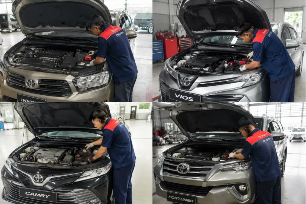 Hỗ trợ kiểm tra, kích bình và thay ắc quy cho các dòng xe Toyota tại Hà Nội.