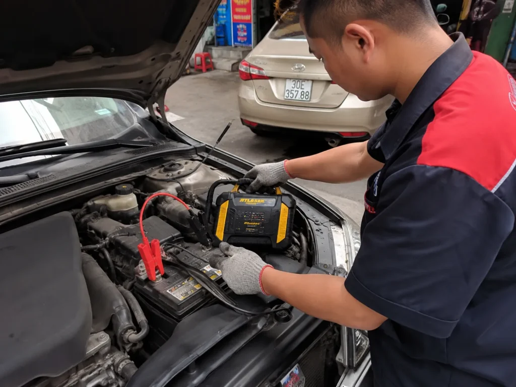 Kỹ thuật viên sử dụng thiết bị chuyên dụng để hỗ trợ kích bình khi ô tô hết điện.