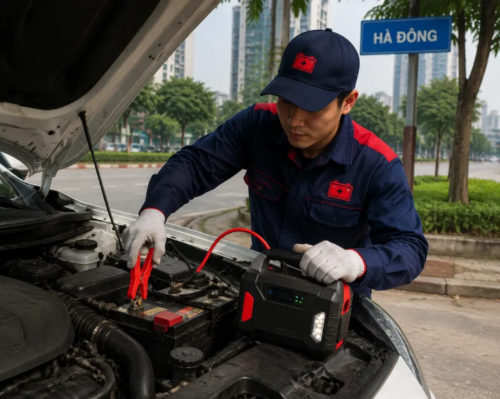 Kỹ thuật viên Ắc Quy Hà Nội 24H hỗ trợ kích ắc quy ô tô tận nơi tại Hà Đông.