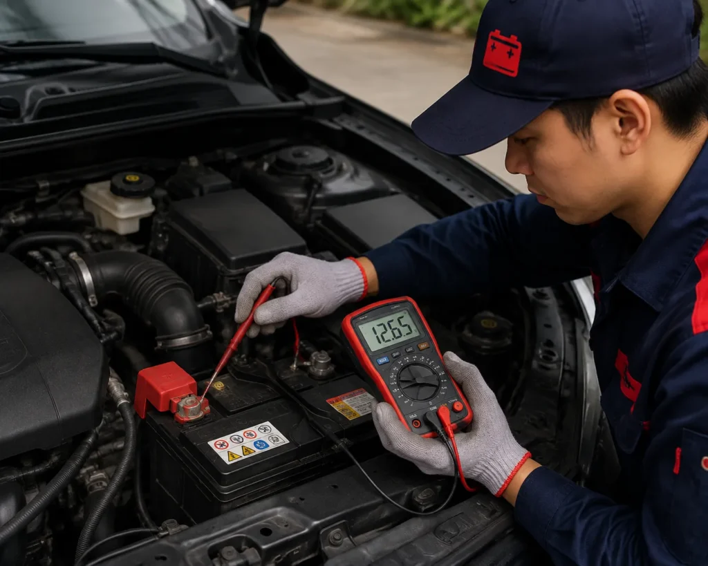 Kỹ thuật viên kiểm tra điện áp và khả năng tích điện trước khi thực hiện kích bình