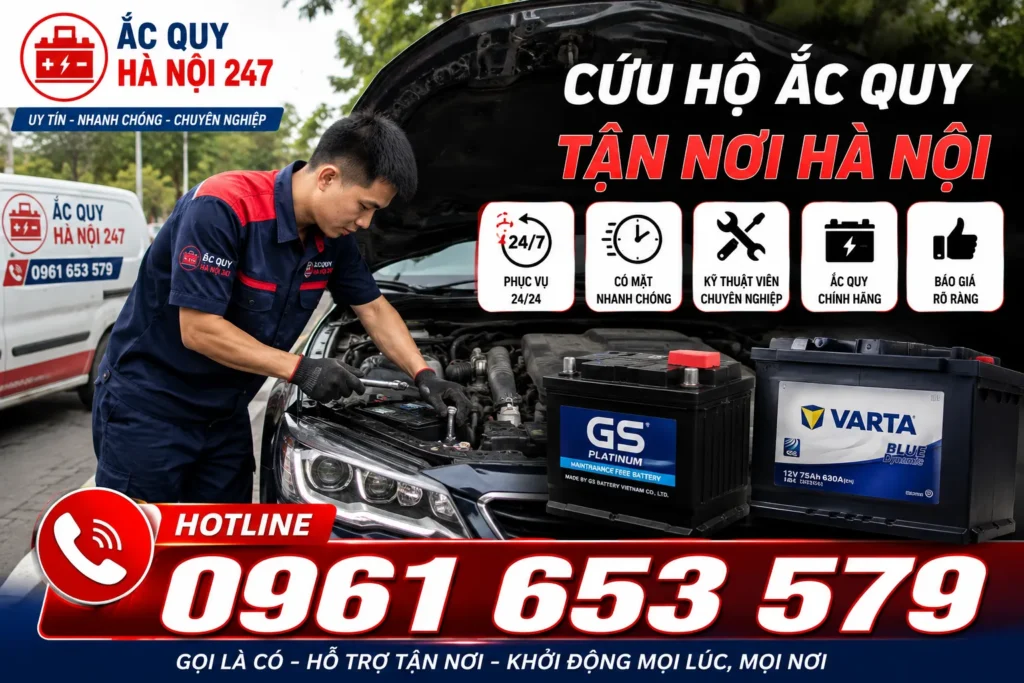 Cần cứu hộ hoặc thay ắc quy tận nơi? Liên hệ Ắc Quy Hà Nội 247 qua hotline 0961 653 579 để được hỗ trợ.