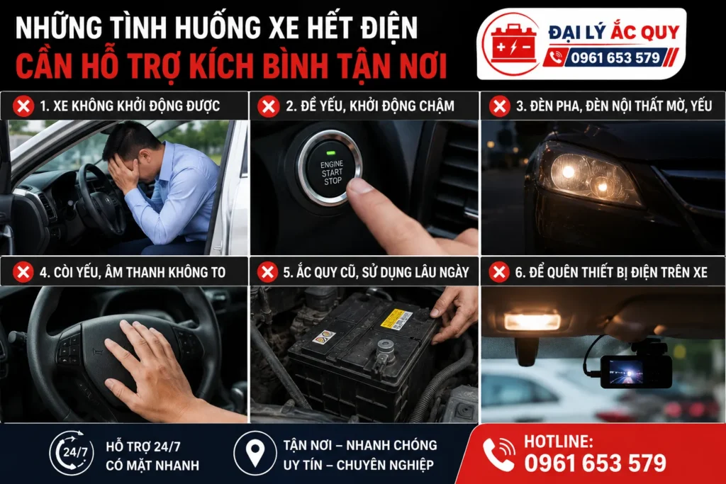 Những tình huống xe hết điện, đề yếu hoặc không thể khởi động có thể cần hỗ trợ kích bình tận nơi.