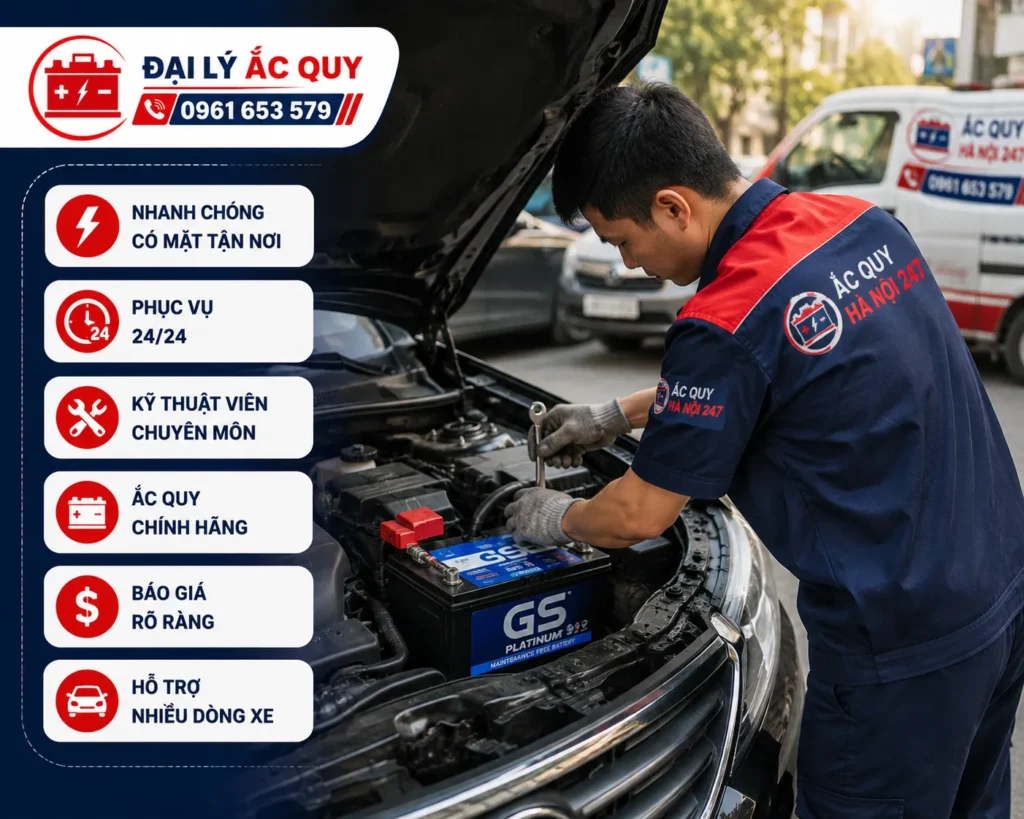 Ắc Quy Hà Nội 247 – Cứu hộ nhanh, phục vụ 24/24, kỹ thuật viên chuyên môn, ắc quy chính hãng và hỗ trợ thay ắc quy tận nơi tại Hà Nội.