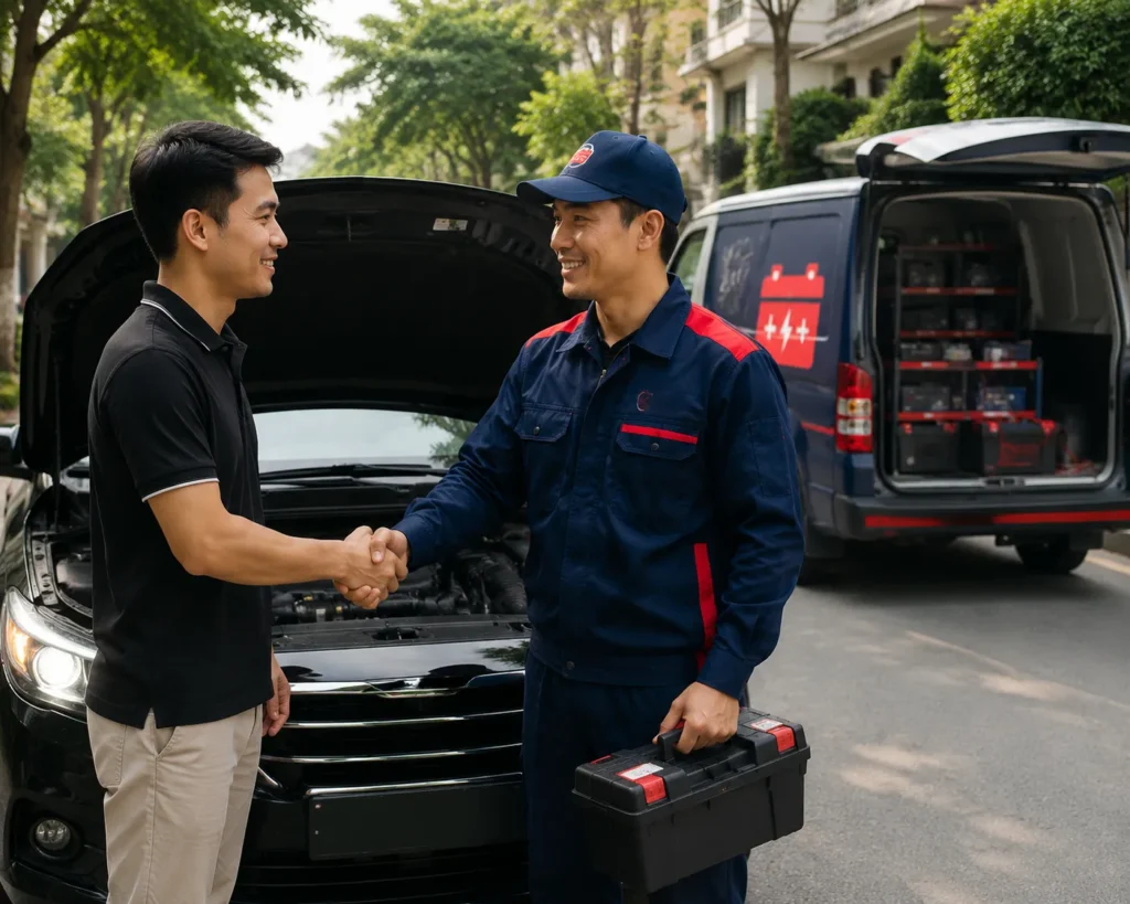 Hỗ trợ kích ắc quy ô tô Hà Đông nhanh chóng, giúp khách hàng tiếp tục hành trình.